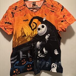 Women’s Disney Nightmare Before Christmas V Neck Scrub Top Pockets Halloween XL